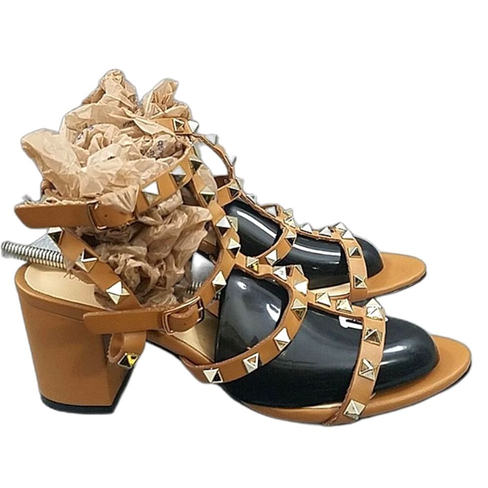 Kaitlyn Pan Studded Tan Leather Sandals 7.5 - Strappy, Open-toe, Heeled
